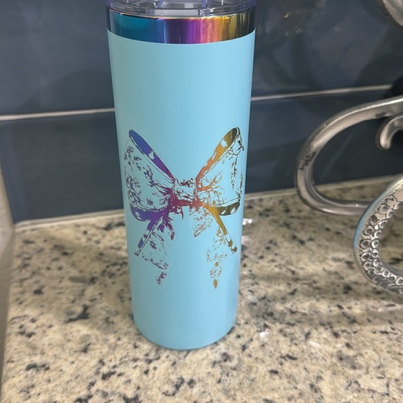 BLUE 20oz Rainbow Plated Powder Coated Skinny Tumblers BLUE FLORAL BOW - Picture 1 of 7